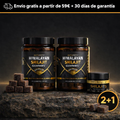 Shilajit Gummies | 2 botes + Aceite 100% puro + eBook displayed with gummies and 100% pure oil container on stone.