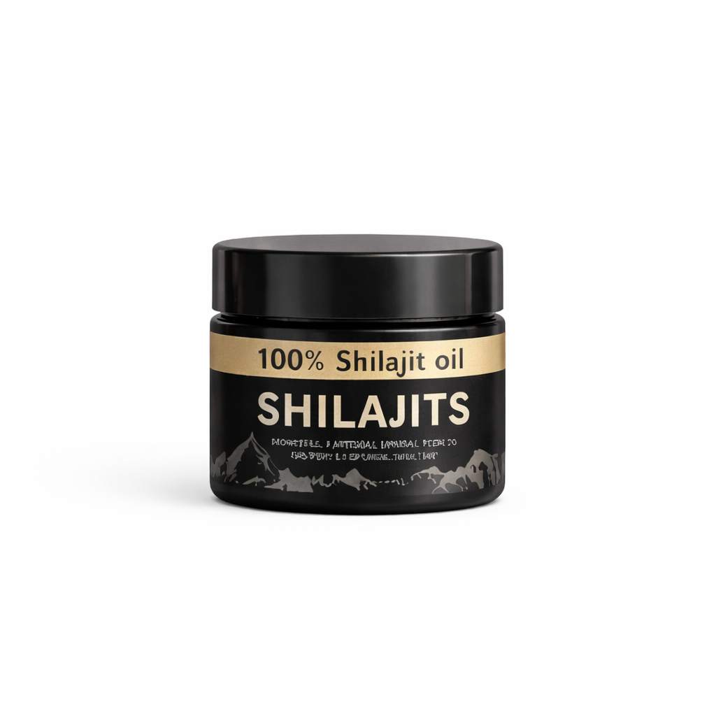 Jar of Aceite de Shilajit 100% Puro | Resina Himalaya 100g with black label and gold text on white background
