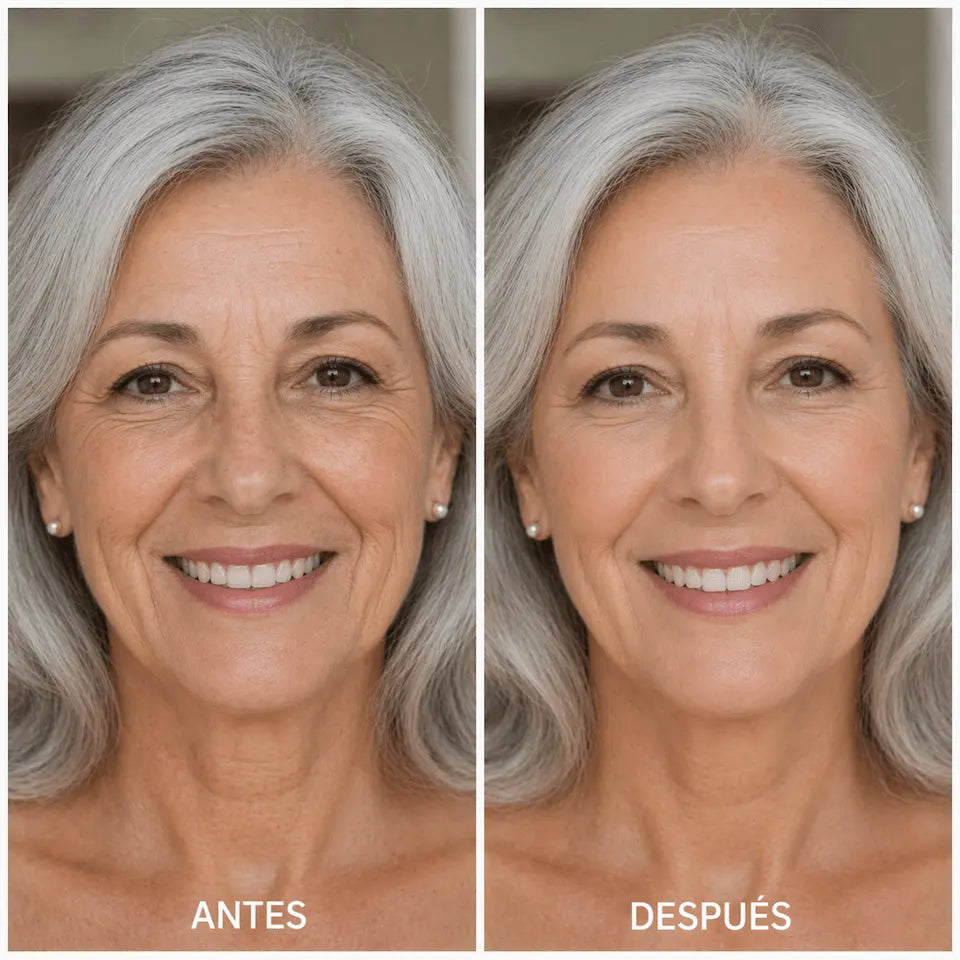 Antes y después parches de colágeno facial antiedad resultados reales mujer madura piel rejuvenecida Hima-Labs
