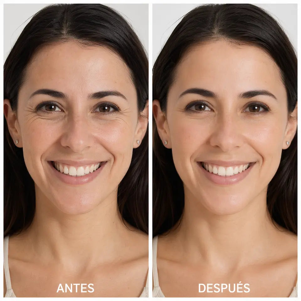 Antes y después parches de colágeno facial piel luminosa sin arrugas mujer joven tratamiento antiedad Hima-Labs