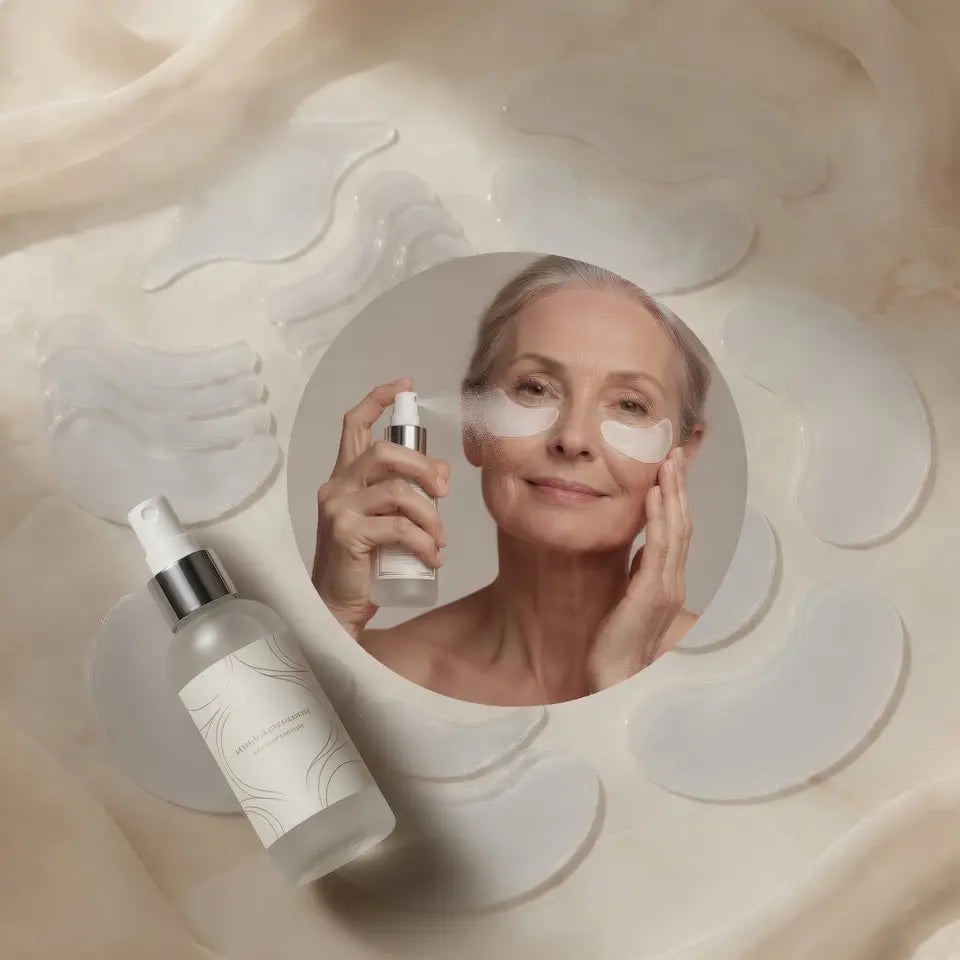 Mujer aplicando parches de colágeno bajo los ojos con spray activador tratamiento antiedad facial Hima-Labs